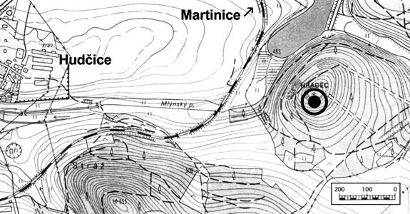 Poloha hradi�t� na kopci Hradec u obce Martinice (mapa ZM - Roman Abu�inov)