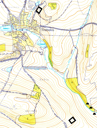 T�ebsko - poloha �ty��heln�kov�ch val� a r��ovnick�ch sejp� v extravil�nu obce (mapa ZM - Roman Abu�inov)