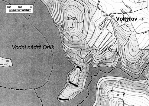 Volt��ov - poloha hradi�t� na ostro�n� nad �dol�m Vltavy (mapa ZM - Roman Abu�inov)
