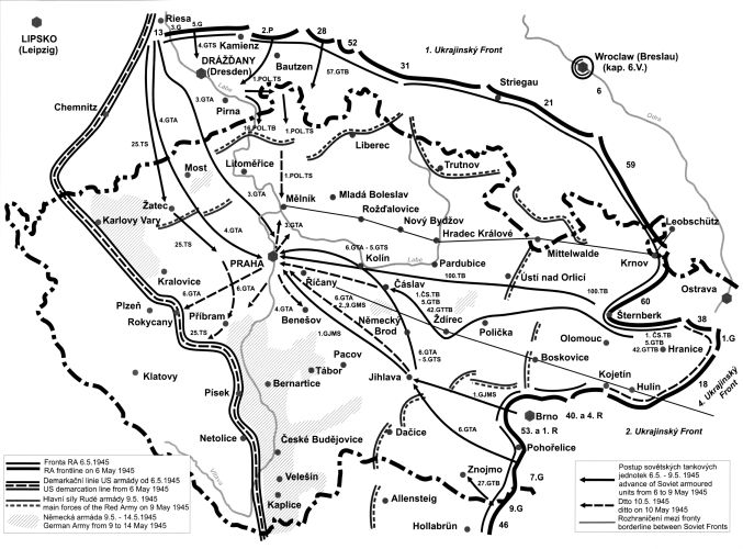 Mapa zachycující vojenskou situaci v květnu 1945. A map showing the military situation in May 1945.